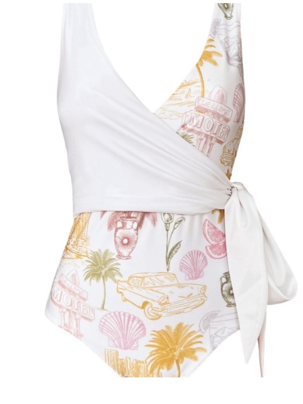 Anthropologie White Wrap One-Piece Swimsuit with Pastel Motif